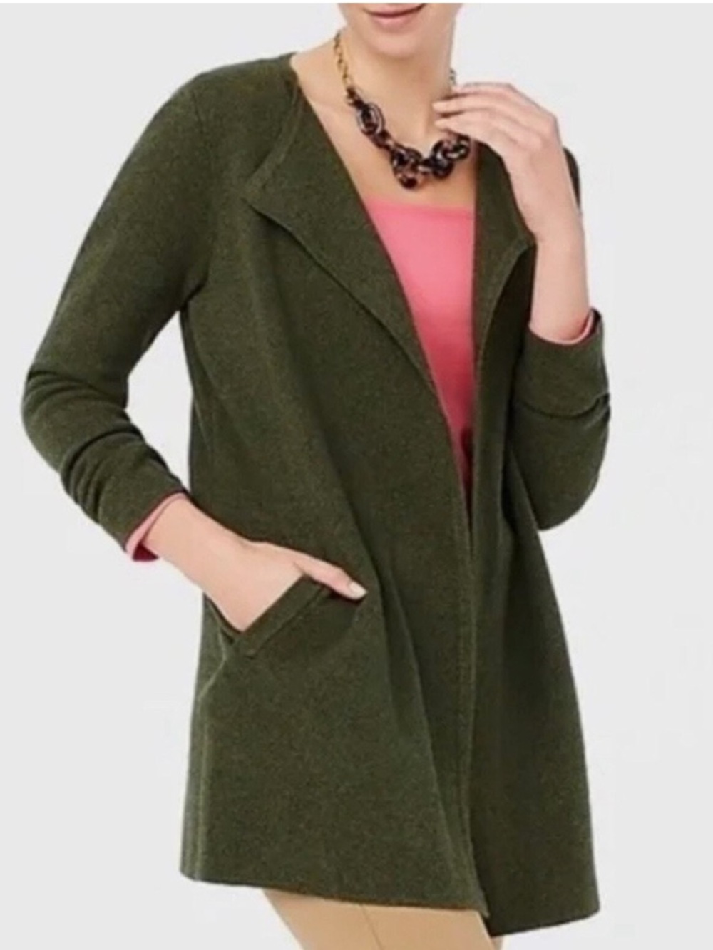 J Crew Vanessa open front cardigan jacket large green longline minimalist cotton